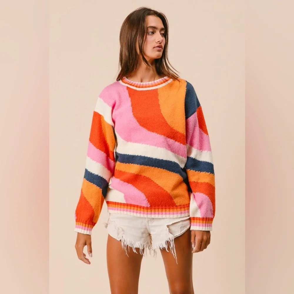 Multicolor pattern abstract knit ribbed boho bohemian vintage tunic top sweater - Picture 2 of 6